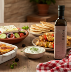 Table with food and a bottle of 'Pure Greek' Olive oil